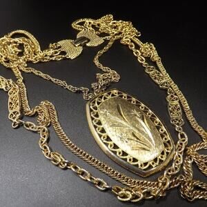 Vintage 3 Strand Necklace, Gold Plated, Goldette Style, Floral Pendant, 1960s